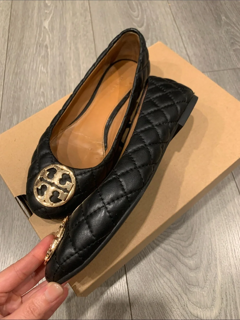 Tory Burch Black Quilted Leather Ballet Flats with Gold Logo